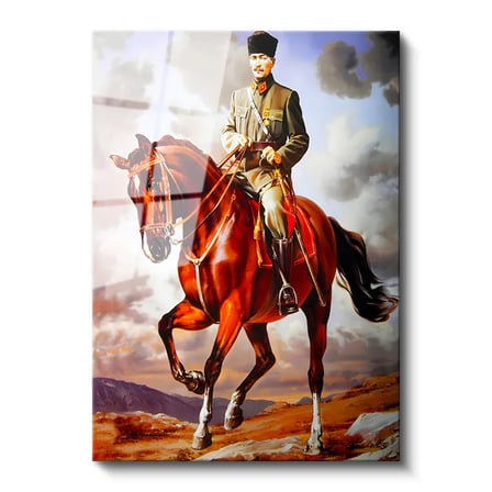 Tamperli Gerçek Cam Tablo Atatürk At Üzerinde Üniforma Atatürk Tablosu Duvar Dekoru