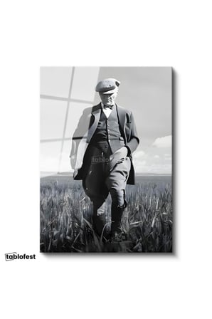 Tamperli Gerçek Cam Tablo Atatürk Kasketli Tarla Pozu Atatürk Tablosu Duvar Dekoru
