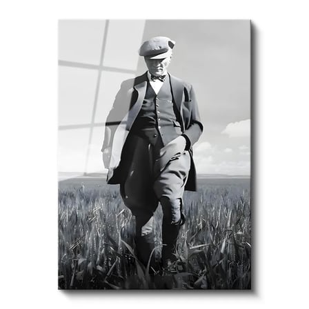 Tamperli Gerçek Cam Tablo Atatürk Kasketli Tarla Pozu Atatürk Tablosu Duvar Dekoru