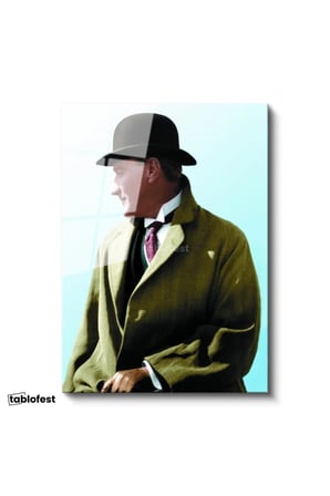Tamperli Gerçek Cam Tablo Atatürk Eldivenli Melon Şapka Atatürk Tablosu Duvar Dekoru