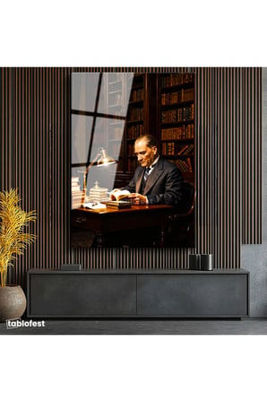 Tamperli Gerçek Cam Tablo Atatürk Kütüphane Kitap Okuma Atatürk Tablosu Duvar Dekoru