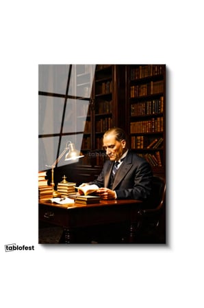 Tamperli Gerçek Cam Tablo Atatürk Kütüphane Kitap Okuma Atatürk Tablosu Duvar Dekoru