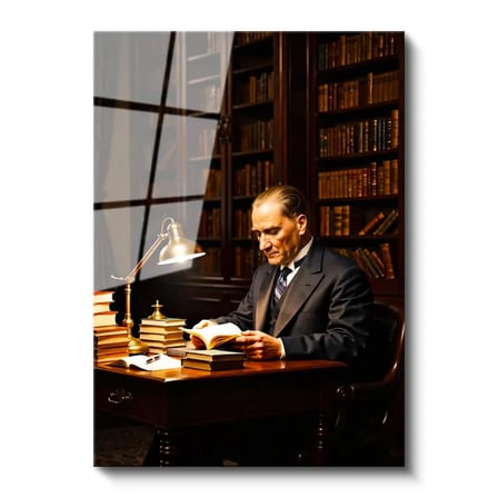Tamperli Gerçek Cam Tablo Atatürk Kütüphane Kitap Okuma Atatürk Tablosu Duvar Dekoru