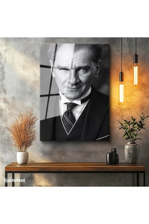 Tamperli Gerçek Cam Tablo Atatürk Çizgili Kravat Klasik Giyim Atatürk Tablosu Duvar Dekoru