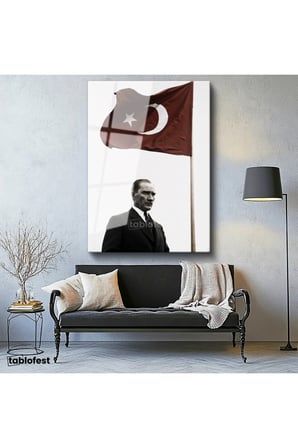 Tamperli Gerçek Cam Tablo Atatürk ve Dalgalanan Türk Bayrağı Atatürk Tablosu Duvar Dekoru