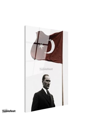 Tamperli Gerçek Cam Tablo Atatürk ve Dalgalanan Türk Bayrağı Atatürk Tablosu Duvar Dekoru