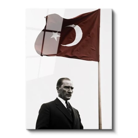 Tamperli Gerçek Cam Tablo Atatürk ve Dalgalanan Türk Bayrağı Atatürk Tablosu Duvar Dekoru