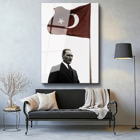 Tamperli Gerçek Cam Tablo Atatürk ve Dalgalanan Türk Bayrağı Atatürk Tablosu Duvar Dekoru