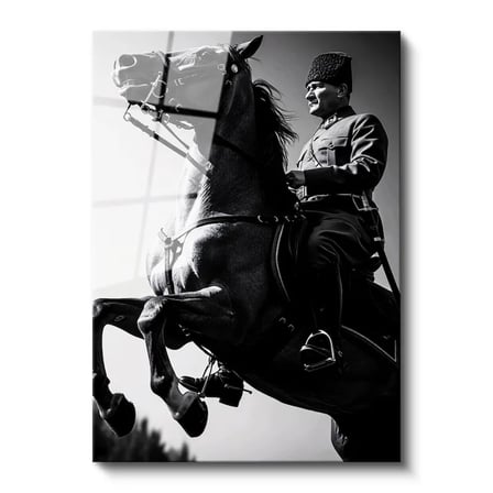Tamperli Gerçek Cam Tablo Atatürk Üniformalı Şahlanan At Atatürk Tablosu Duvar Dekoru