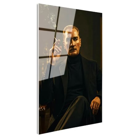 Tamperli Gerçek Cam Tablo Atatürk Boğazlı Kazak Ceket Sigara Atatürk Tablosu Duvar Dekoru