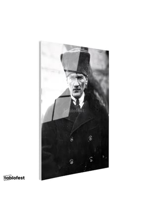 Tamperli Gerçek Cam Tablo Atatürk Kalpaklı Kürklü Palto Kışlık Atatürk Tablosu Duvar Dekoru