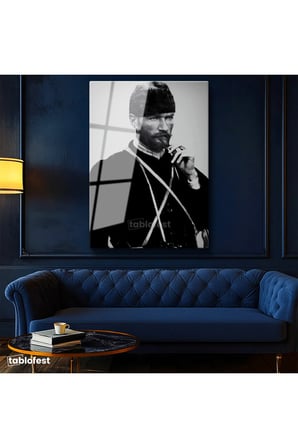 Tamperli Gerçek Cam Tablo Atatürk Sakallı Kalpaklı Nadir Portre Atatürk Tablosu Duvar Dekoru