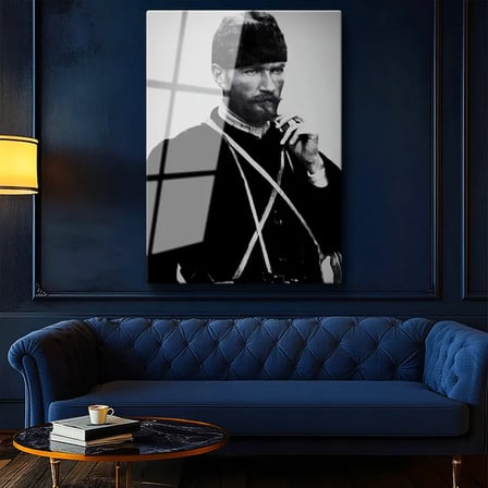 Tamperli Gerçek Cam Tablo Atatürk Sakallı Kalpaklı Nadir Portre Atatürk Tablosu Duvar Dekoru