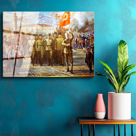 Tamperli Gerçek Cam Tablo Atatürk İzmir Girişi Atatürk Tablosu Duvar Dekoru