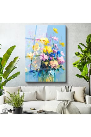 Tamperli Gerçek Cam Tablo Mavi Vazoda Sarı ve Pembe Çiçekler Çiçek Tablosu Duvar Dekoru