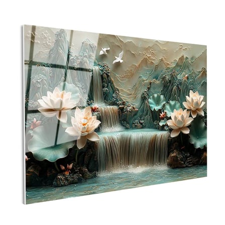 Tamperli Gerçek Cam Tablo Kabartma Görünümlü Şelale ve Lotus Çiçek Tablosu Duvar Dekoru