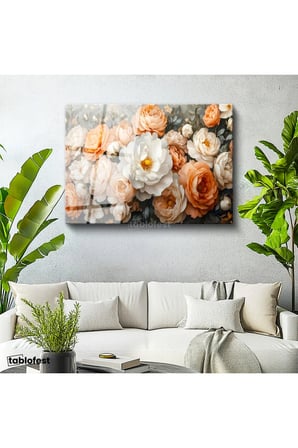 Tamperli Gerçek Cam Tablo Sık Yapraklı Katmerli Güller Çiçek Tablosu Duvar Dekoru
