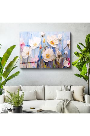 Tamperli Gerçek Cam Tablo Boya Dokulu Modern Çiçekler Çiçek Tablosu Duvar Dekoru
