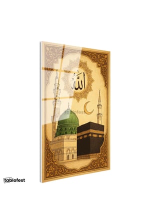 Tamperli Gerçek Cam Tablo Kabe ve Mescidi Nebevi Yeşil Kubbe Dini İslami Tablo Duvar Dekoru