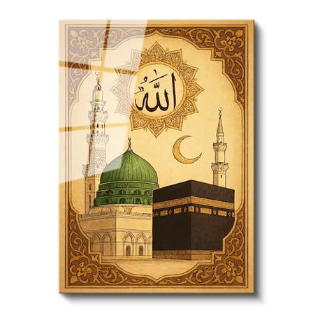Tamperli Gerçek Cam Tablo Kabe ve Mescidi Nebevi Yeşil Kubbe Dini İslami Tablo Duvar Dekoru
