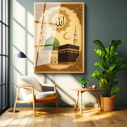 Tamperli Gerçek Cam Tablo Kabe ve Mescidi Nebevi Yeşil Kubbe Dini İslami Tablo Duvar Dekoru