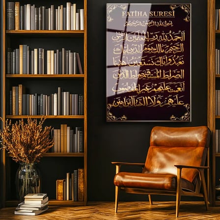 Tamperli Gerçek Cam Tablo Fatiha Suresi Başlıklı Hat Tasarımı Dini İslami Tablo Duvar Dekoru