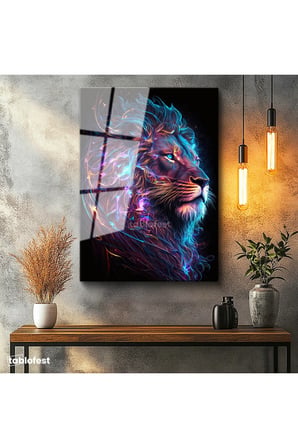 Tamperli Gerçek Cam Tablo Neon Çizgisel Aslan Tablosu Duvar Dekoru