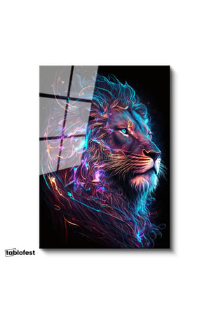 Tamperli Gerçek Cam Tablo Neon Çizgisel Aslan Tablosu Duvar Dekoru
