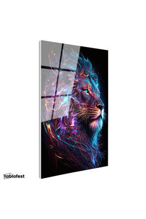 Tamperli Gerçek Cam Tablo Neon Çizgisel Aslan Tablosu Duvar Dekoru
