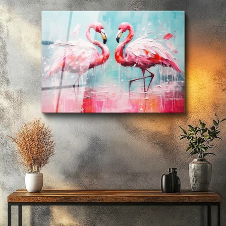 Tamperli Gerçek Cam Tablo Yağlı Boya Dokulu Sanatsal Flamingo Tablosu Duvar Dekoru