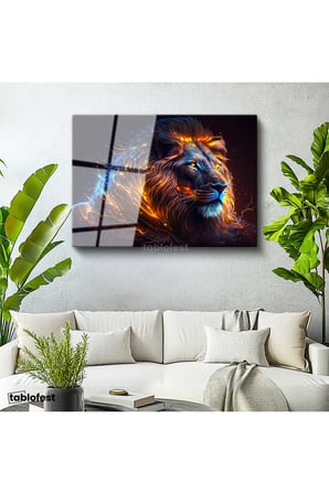 Tamperli Gerçek Cam Tablo Parlak Işıltılı Yele Detaylı Aslan Tablosu Duvar Dekoru