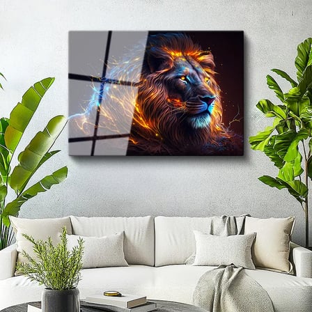 Tamperli Gerçek Cam Tablo Parlak Işıltılı Yele Detaylı Aslan Tablosu Duvar Dekoru