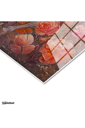 Tamperli Gerçek Cam Tablo Pembe Çiçekli Doğa Ve Atlar At Tablosu Duvar Dekoru