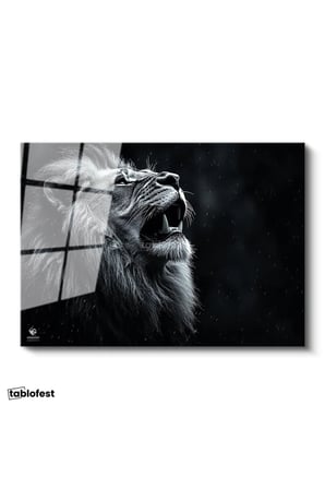 Tamperli Gerçek Cam Tablo Yağmur Efektli Kükreyen Aslan Tablosu Duvar Dekoru