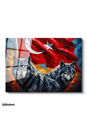 Tamperli Gerçek Cam Tablo Ay Yıldız Kurt Tablosu Duvar Dekoru