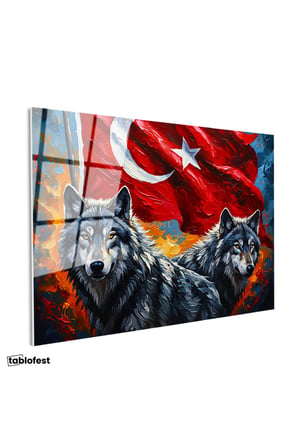 Tamperli Gerçek Cam Tablo Ay Yıldız Kurt Tablosu Duvar Dekoru