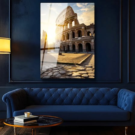 Tamperli Gerçek Cam Tablo İtalya Roma Kolezyum Arenası Şehir Mimari Tablo Duvar Dekoru
