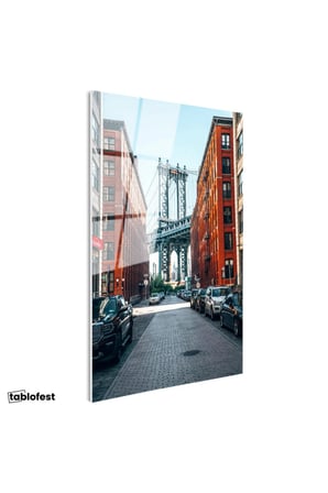 Tamperli Gerçek Cam Tablo New York Köprüsü ve Tuğla Binalar Şehir Mimari Tablo Duvar Dekoru
