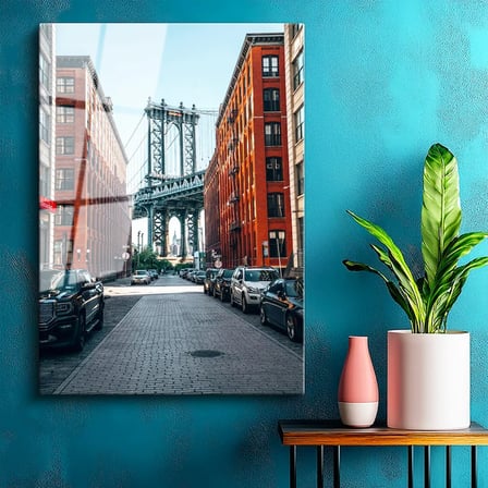 Tamperli Gerçek Cam Tablo New York Köprüsü ve Tuğla Binalar Şehir Mimari Tablo Duvar Dekoru