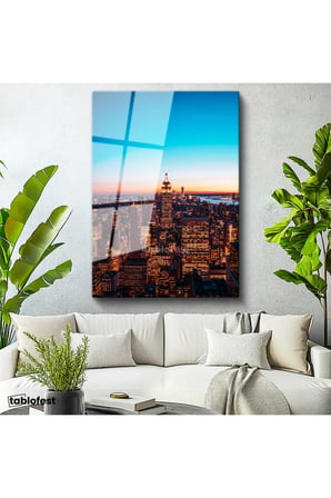 Tamperli Gerçek Cam Tablo New York Empire State Gece Manzarası Şehir Mimari Tablo Duvar Dekoru