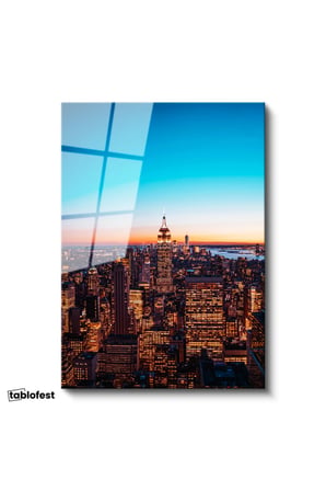 Tamperli Gerçek Cam Tablo New York Empire State Gece Manzarası Şehir Mimari Tablo Duvar Dekoru