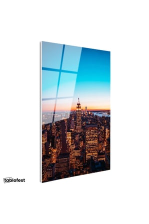Tamperli Gerçek Cam Tablo New York Empire State Gece Manzarası Şehir Mimari Tablo Duvar Dekoru