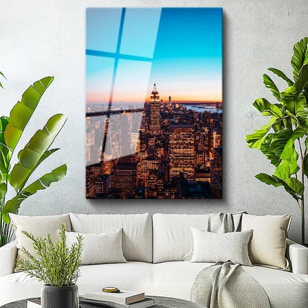 Tamperli Gerçek Cam Tablo New York Empire State Gece Manzarası Şehir Mimari Tablo Duvar Dekoru