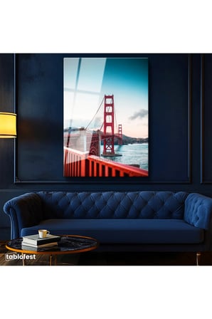 Tamperli Gerçek Cam Tablo San Francisco Kırmızı Asma Köprü Şehir Mimari Tablo Duvar Dekoru