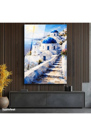 Tamperli Gerçek Cam Tablo Santorini Adası Ve Merdivenli Evler Şehir Ve Mimari Tablo Duvar Dekoru