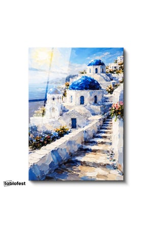 Tamperli Gerçek Cam Tablo Santorini Adası Ve Merdivenli Evler Şehir Ve Mimari Tablo Duvar Dekoru