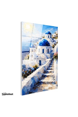 Tamperli Gerçek Cam Tablo Santorini Adası Ve Merdivenli Evler Şehir Ve Mimari Tablo Duvar Dekoru