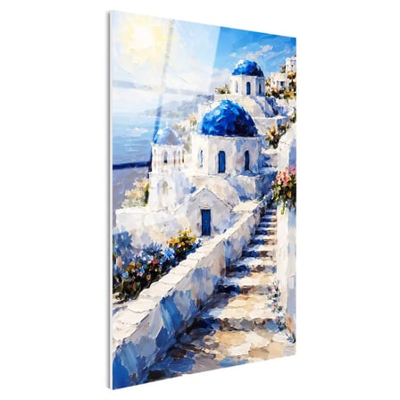 Tamperli Gerçek Cam Tablo Santorini Adası Ve Merdivenli Evler Şehir Ve Mimari Tablo Duvar Dekoru