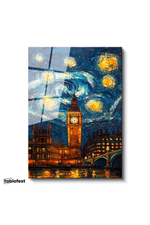 Tamperli Gerçek Cam Tablo Londra Big Ben Fantastik Gökyüzü Şehir Ve Mimari Tablo Duvar Dekoru