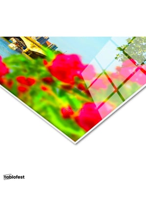 Tamperli Gerçek Cam Tablo Eyfel Kulesi Seine Nehri Çiçekler Şehir Mimari Tablo Duvar Dekoru